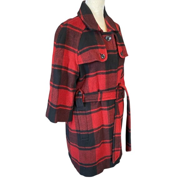 Gap red black plaid flannel mid length button down collared 3/4 sleeve coat M - Picture 2 of 10